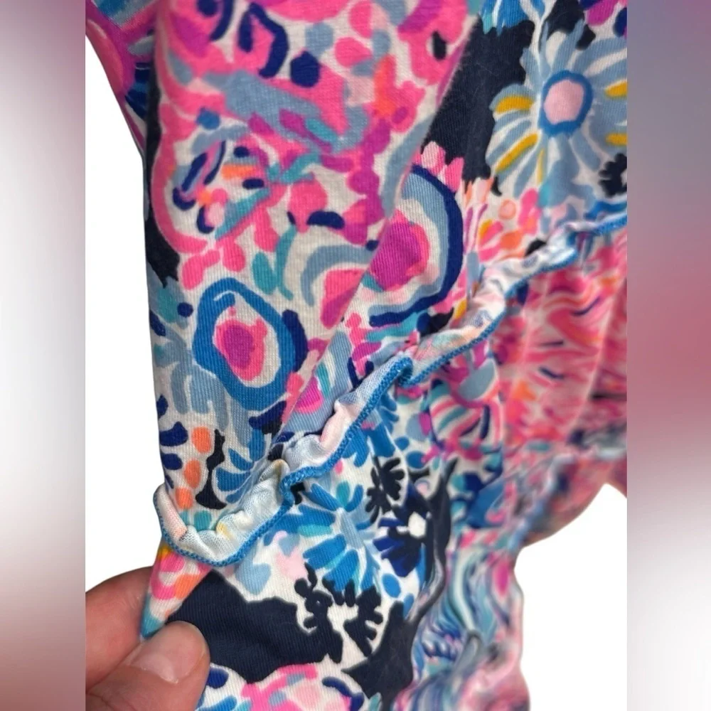 Lilly Pulitzer Loro High Tide navy & pink cotton floral tiered ruffle dress XXS